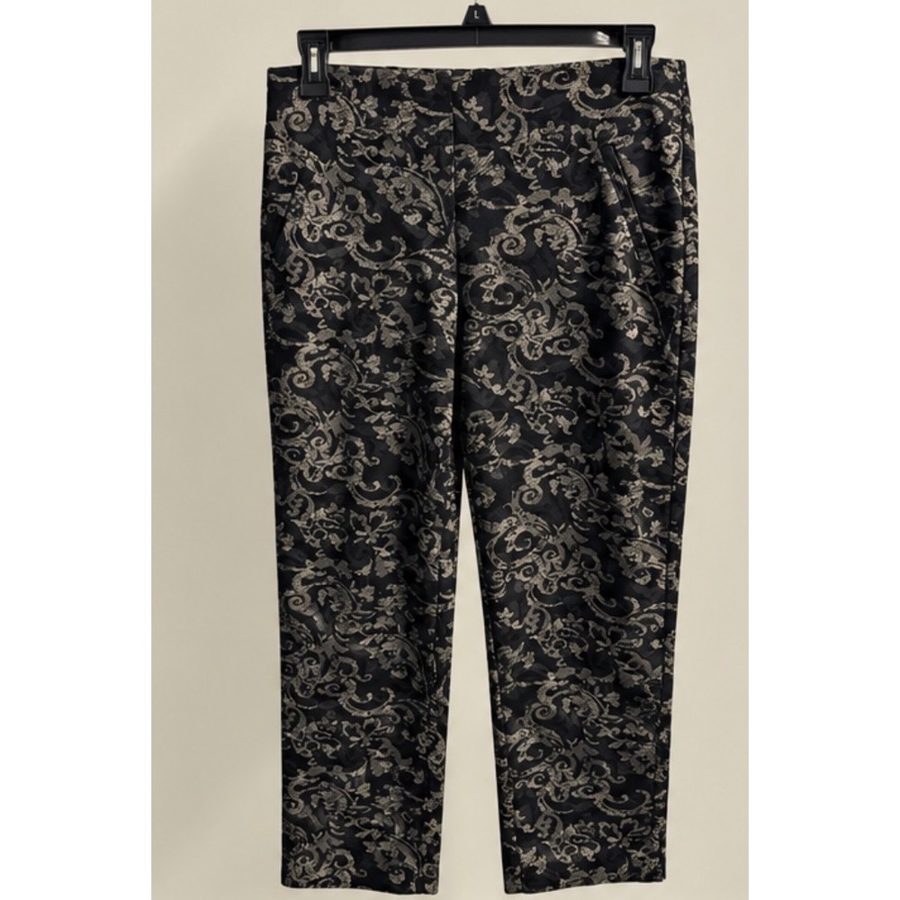 Chicos Fabulously Slimming Ankle Pants Black Gold Damask Jacquard Size 1 M 8